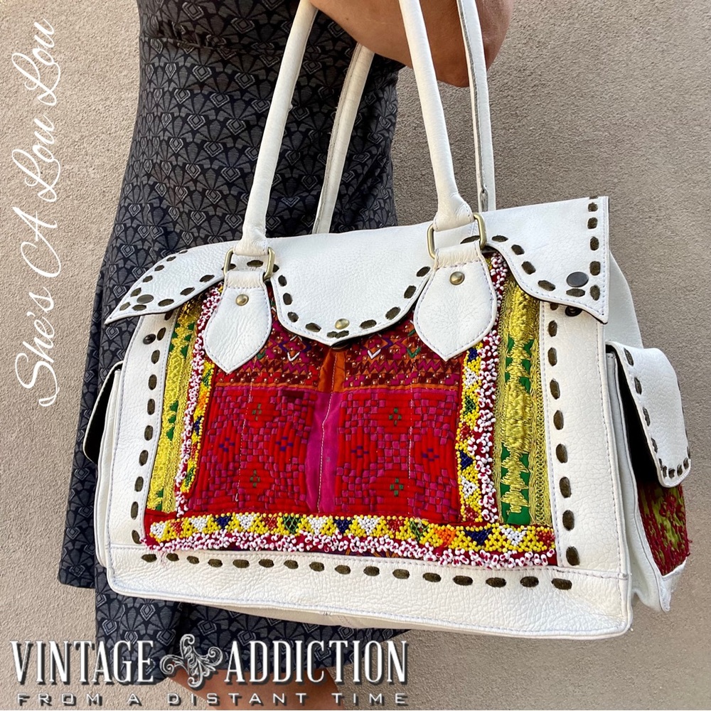Vintage Addiction~One of A Kind~Boho White Leather Beaded Bag~Large & Roomy